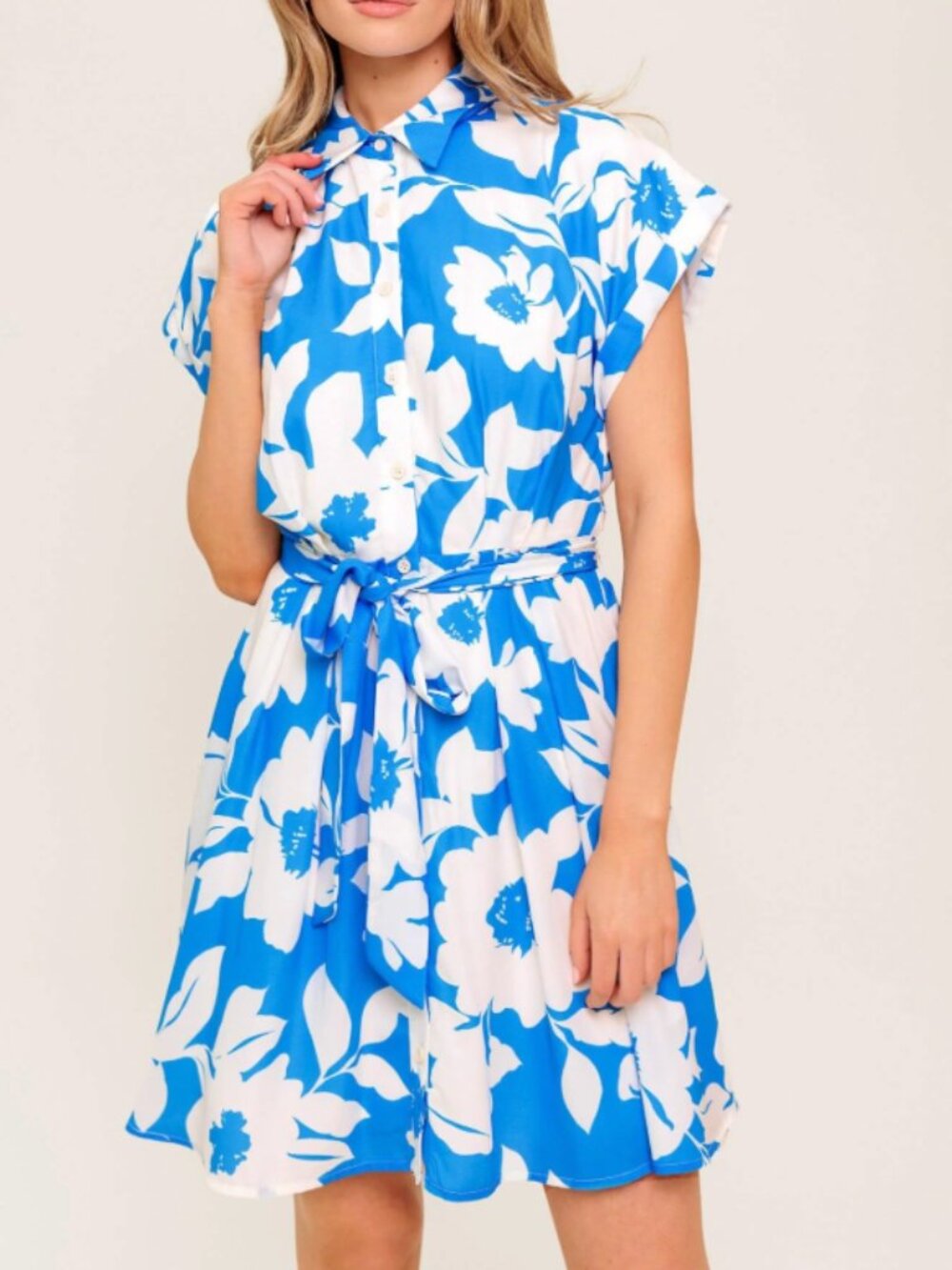 Flying Tomato Blue & White Tropical Floral Button-Down Shirt Dress
